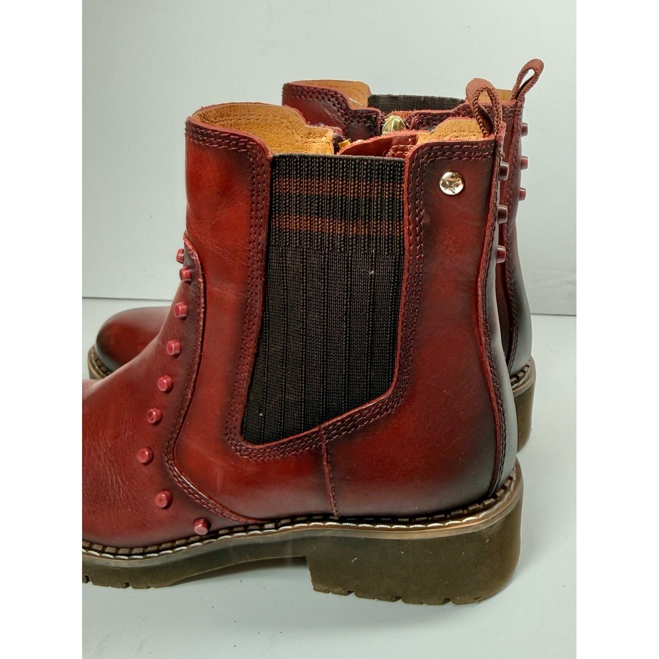 Pikolinos Women’s Burgundy Leather Chelsea Boots Stud Detail Size EU 36 US 5-6