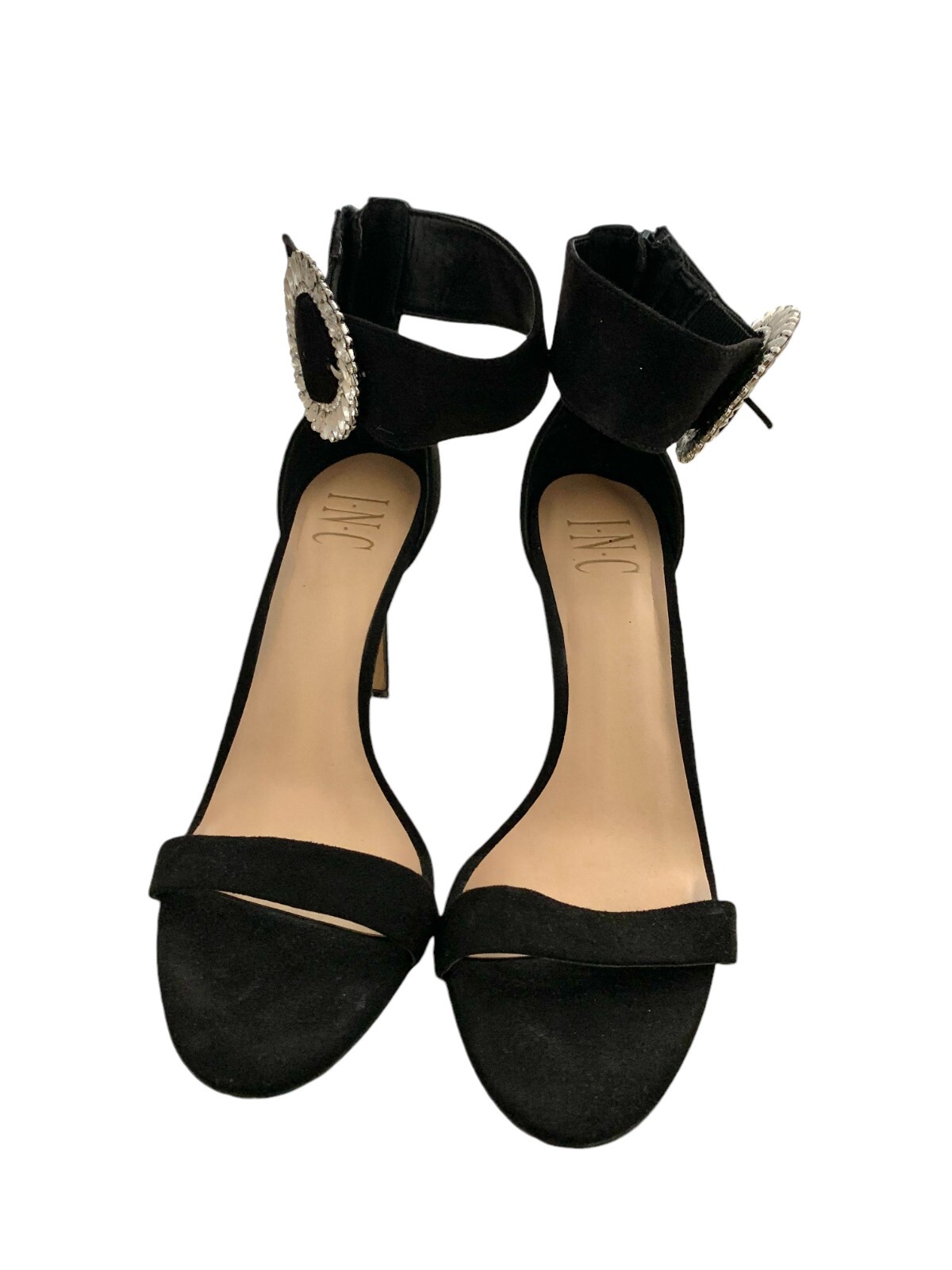 {I.N.C.} Black Stilettos/Heels/Open Toe Sz. 7.5 Velvet w/Rhinestone Buckle