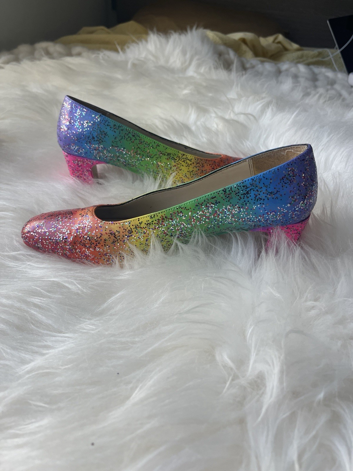 Upcycled Painted And Bedazzled Neon Rainbow Gradient Glitter Block Heels
