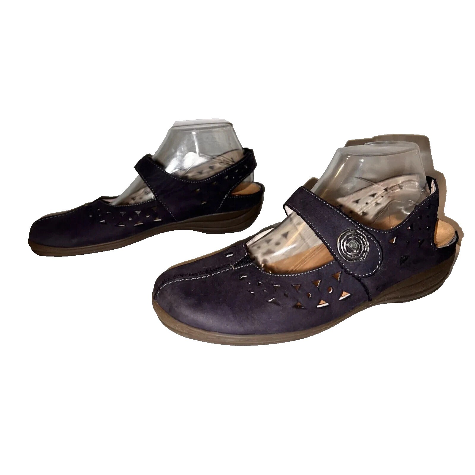 Ara Blue Nubuck Leather Laser Cut Mary Jane Slingback Shoes Womens Size 8.5