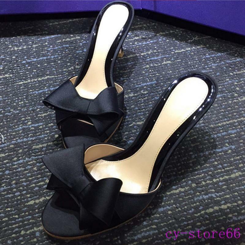 Womens Mules Bowknot Open Toe Party High Heels Stilettos Slip On Slipper Sandals