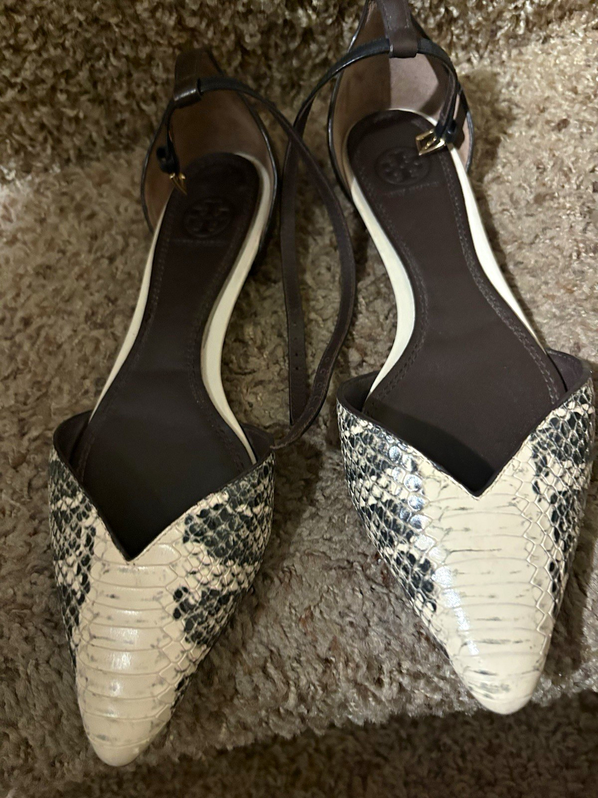 Tory Burch Snake Print Pointed Toe Ankle Strap Buckle Block Heel 7 Beige/Black