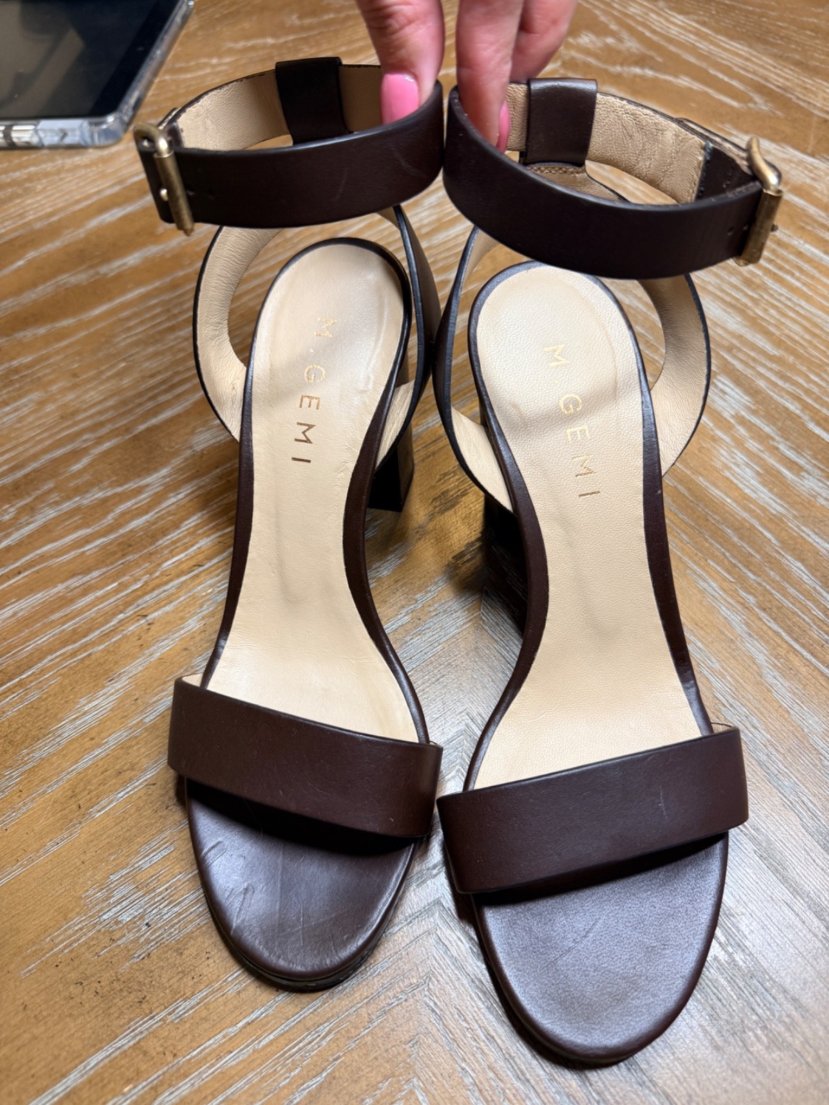 M.Gemi The Lume Brown Leather Studded Ankle Strap Block Heel Sandals Size 36.5/6