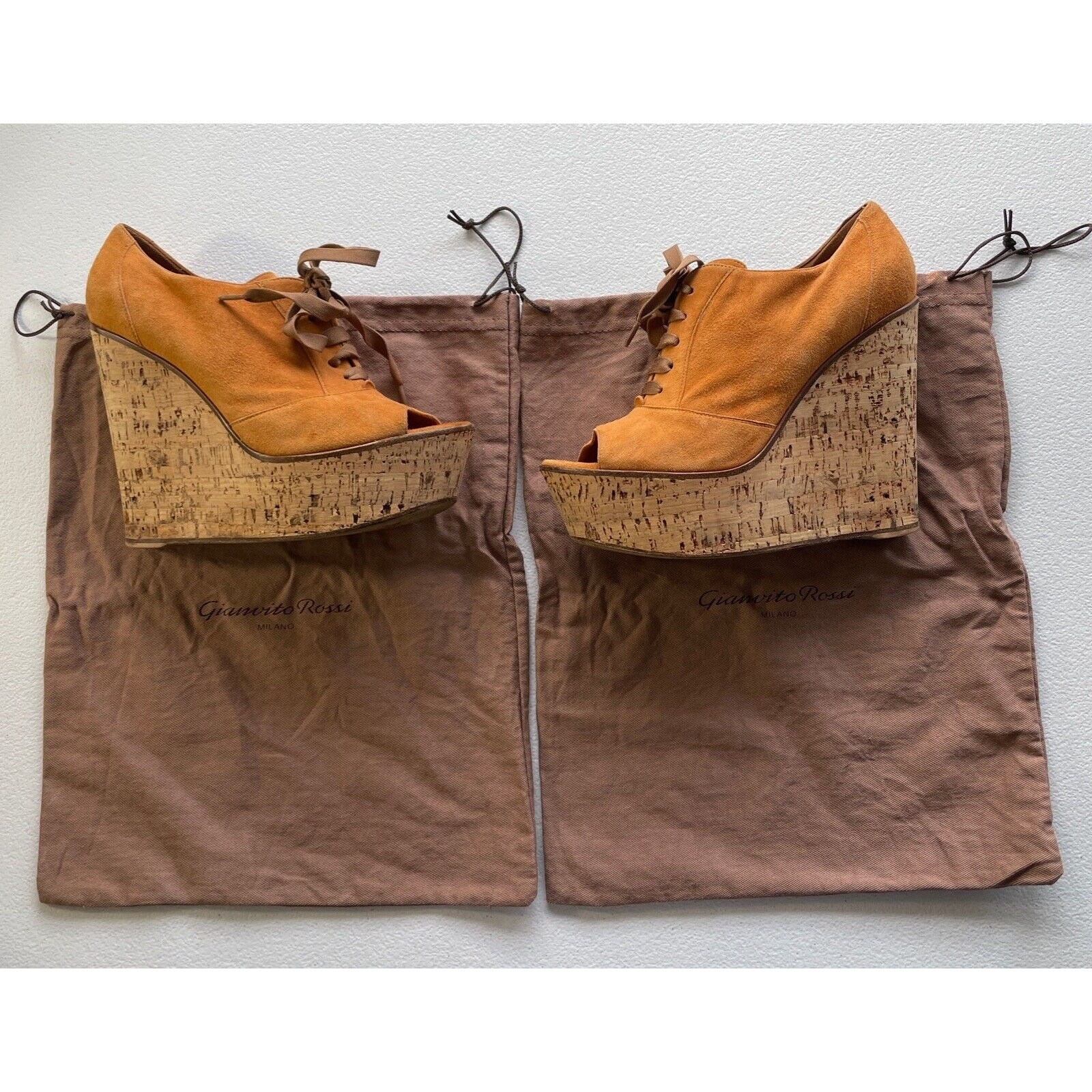 Gianvito Rossi Suede Cork Open Toe Lace Up Platform Shoes Orange/Beige Womens 37