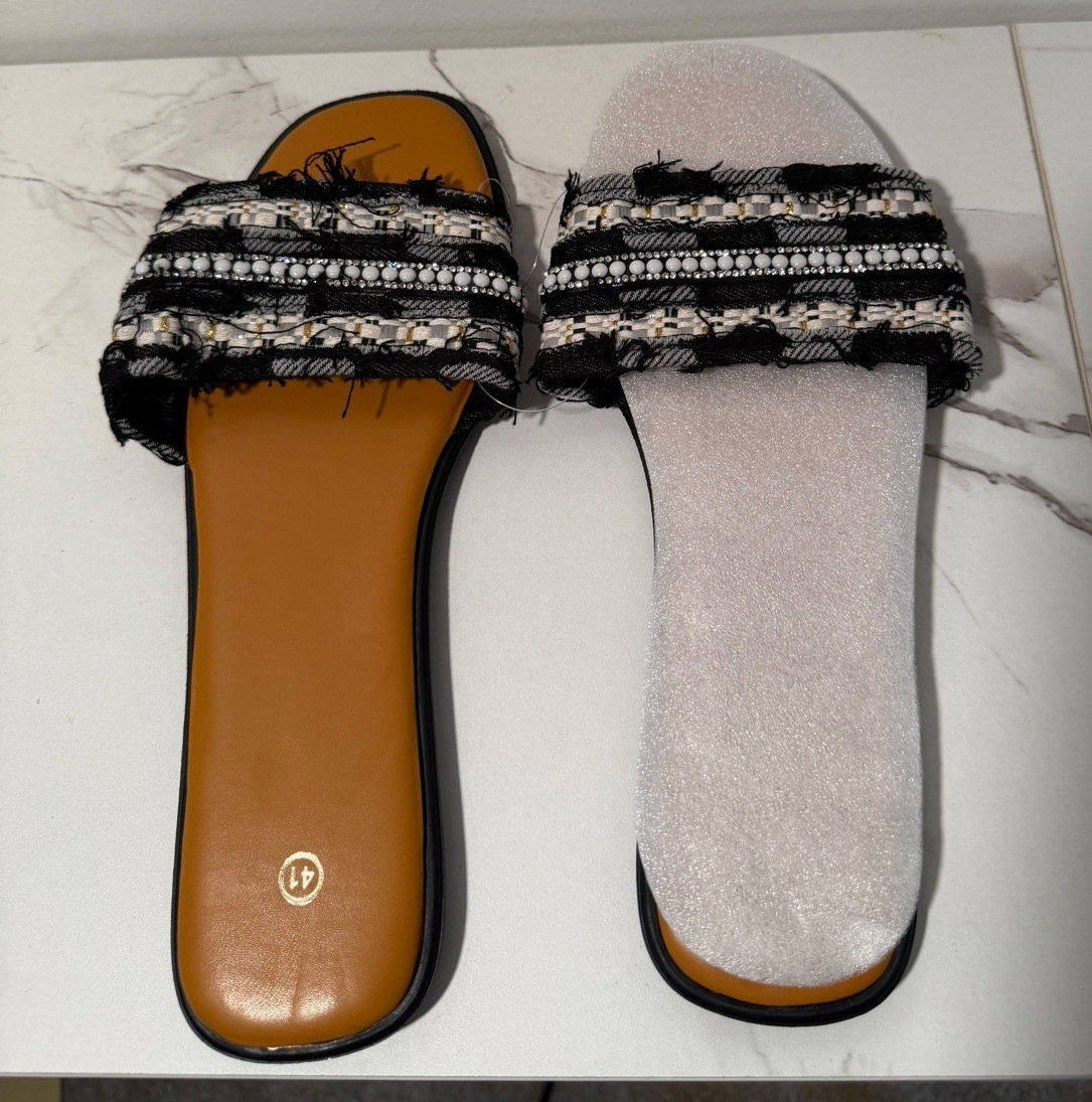 Women’s Black/White Striped Textile Slide Sandals Slip-On Fringe Straps US10