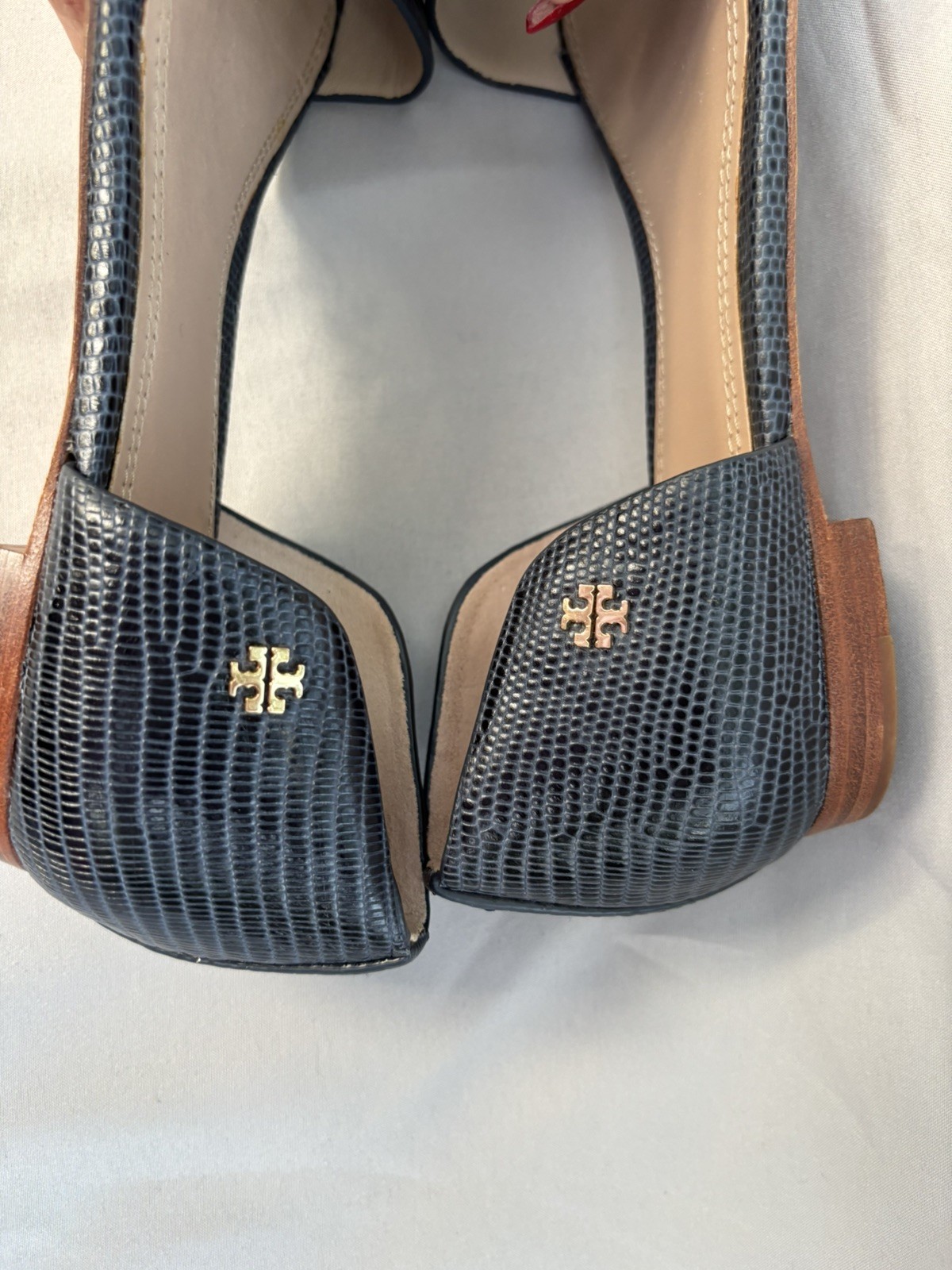 TORY BURCH Savannah Embossed Lizard Leather Sandals Sz 8 Navy Blue Flat Slip On