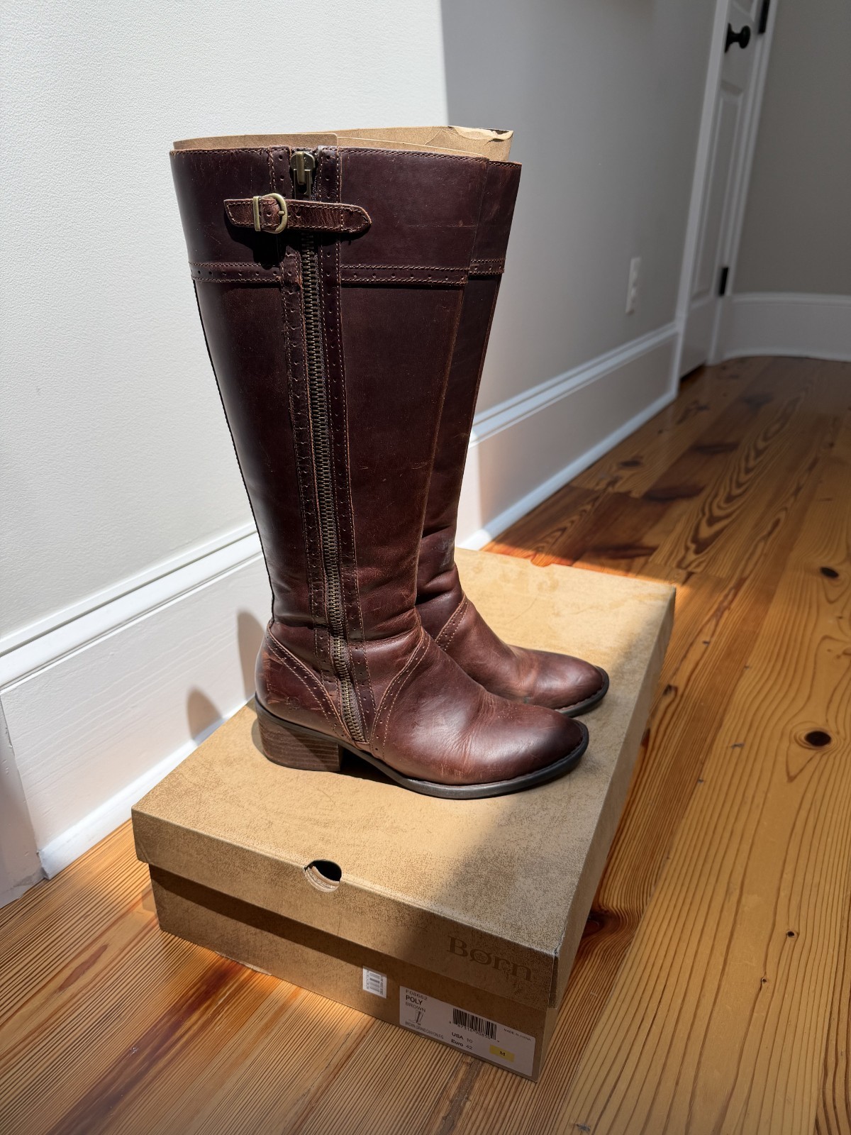 Born Poly Brown Leather Tall Riding Boots Zip Women’s Size 10M