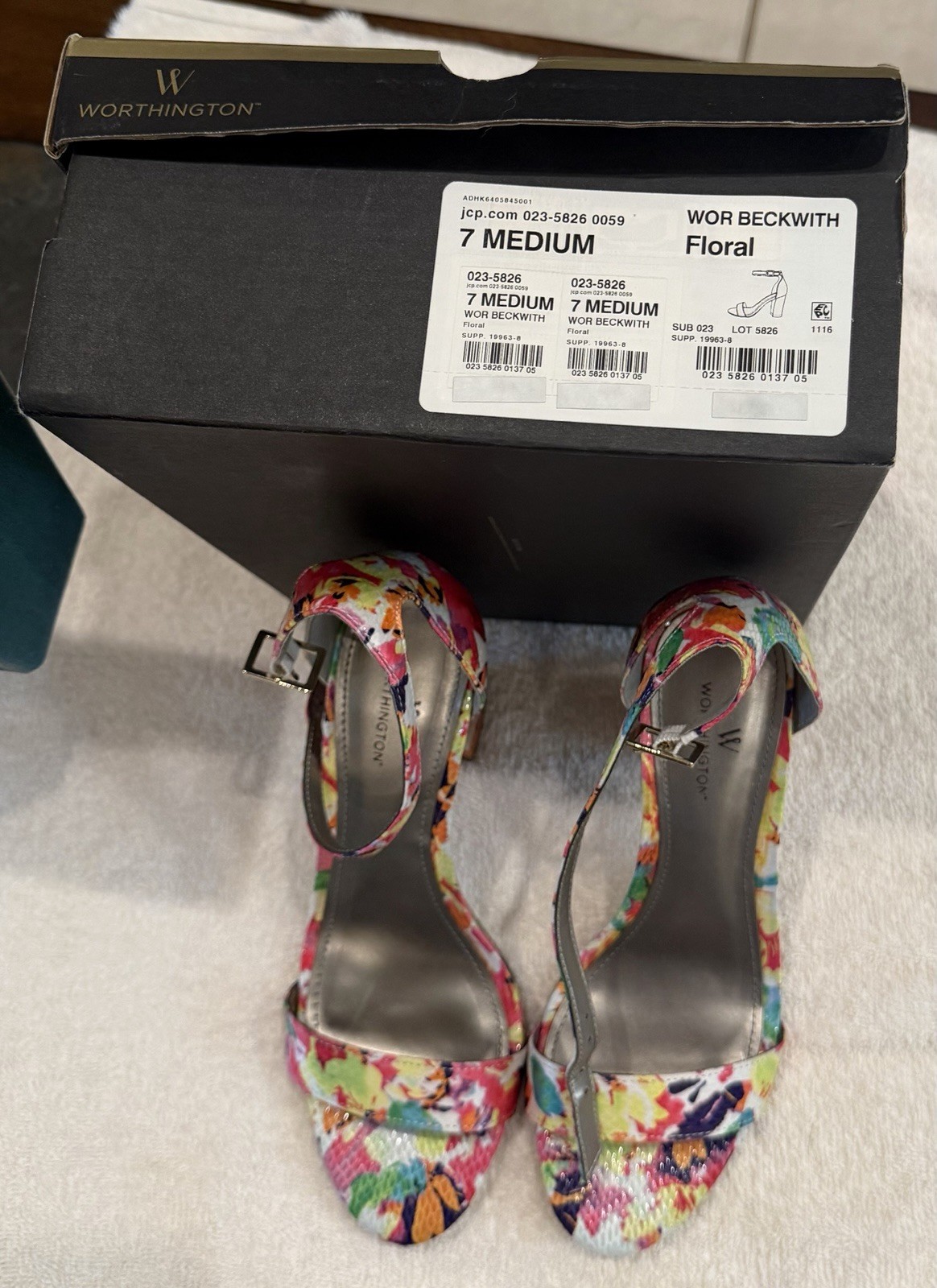 Worthington Floral Multicolor Open Toe Strappy Ankle Strap Block Heel 7 M