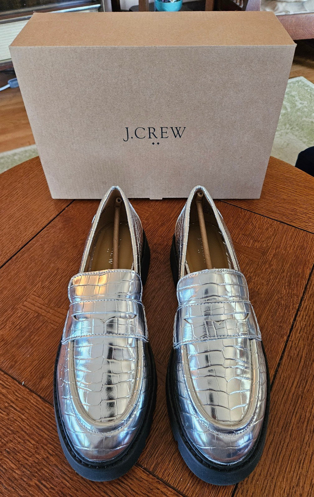 J.CREW Womens Winona Silver Croc Embossed Faux Leather Loafer Lug Sole 9 NIB