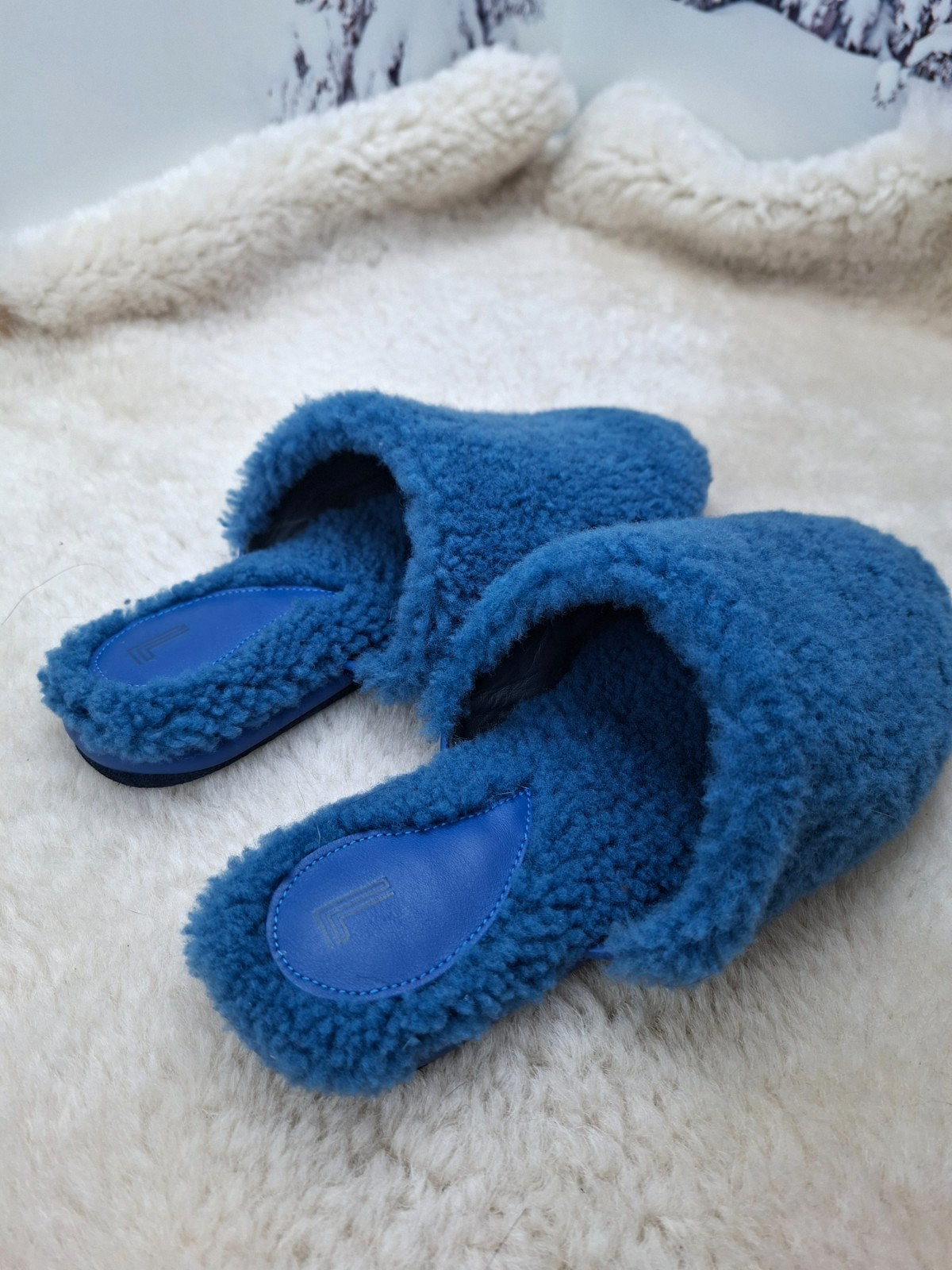 Blue Sheepskin Fur Slippers for Women, Genuine Fur Home Shoes, Gift for women