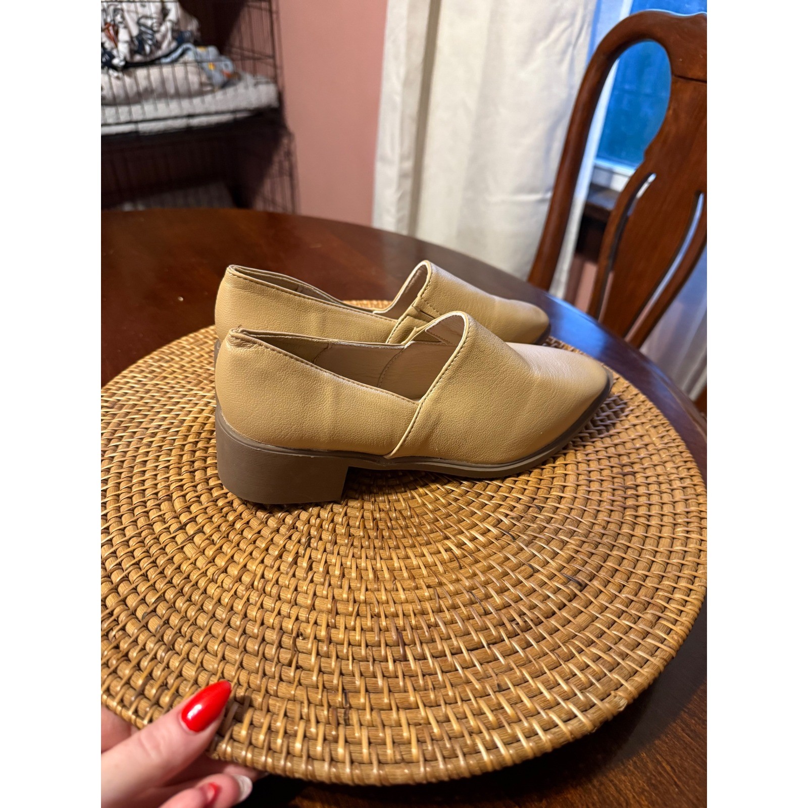 Vero Cuoio Tan Leather Pointed Toe Slip On Loafers Low Block Heel Beige Shoes