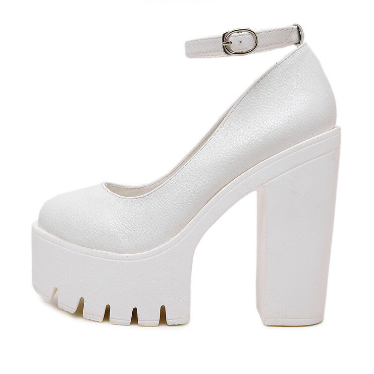 Womens Leather Summer Round Toe Buckle Straps Platform High Block Heels Sandals