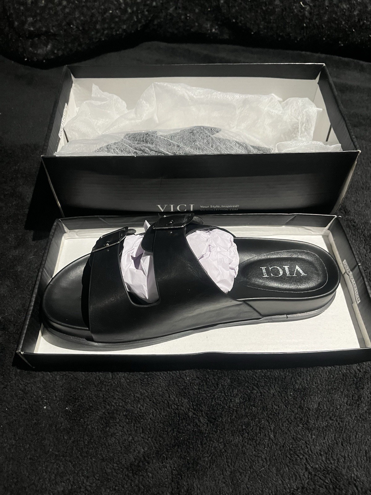 Vici Collection Madison Faux Leather Buckle Sandal in black, size 8.5
