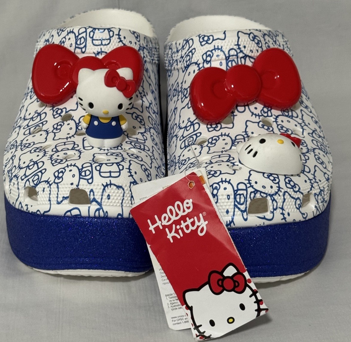 Crocs Hello Kitty 50th Siren Clog M9 W11 Blue White High Heel Jibbitz New NWT