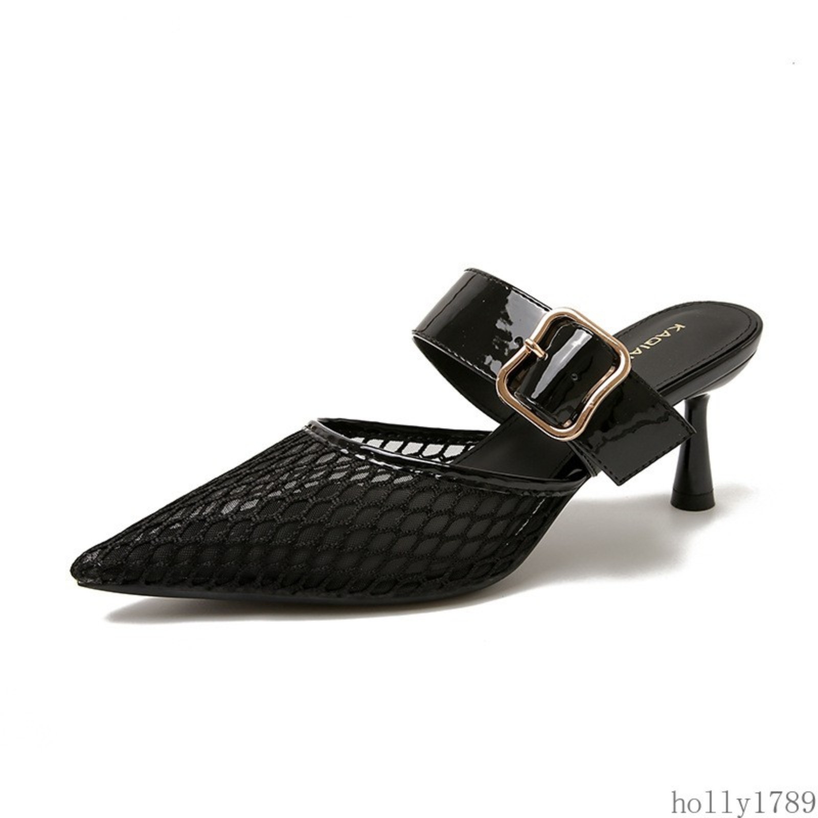 Mesh Pointed Toe Mule Heels Women Hollow Out Strap Slip on High Heel Sandals