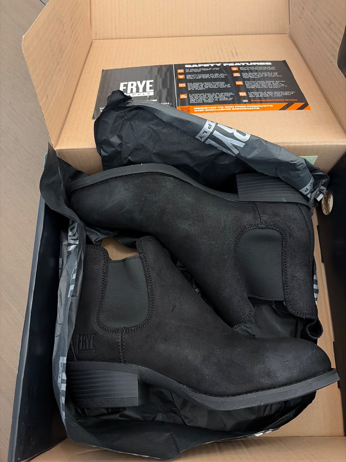 Women’s Black Frye Chelsea Work Boot, brand new in box