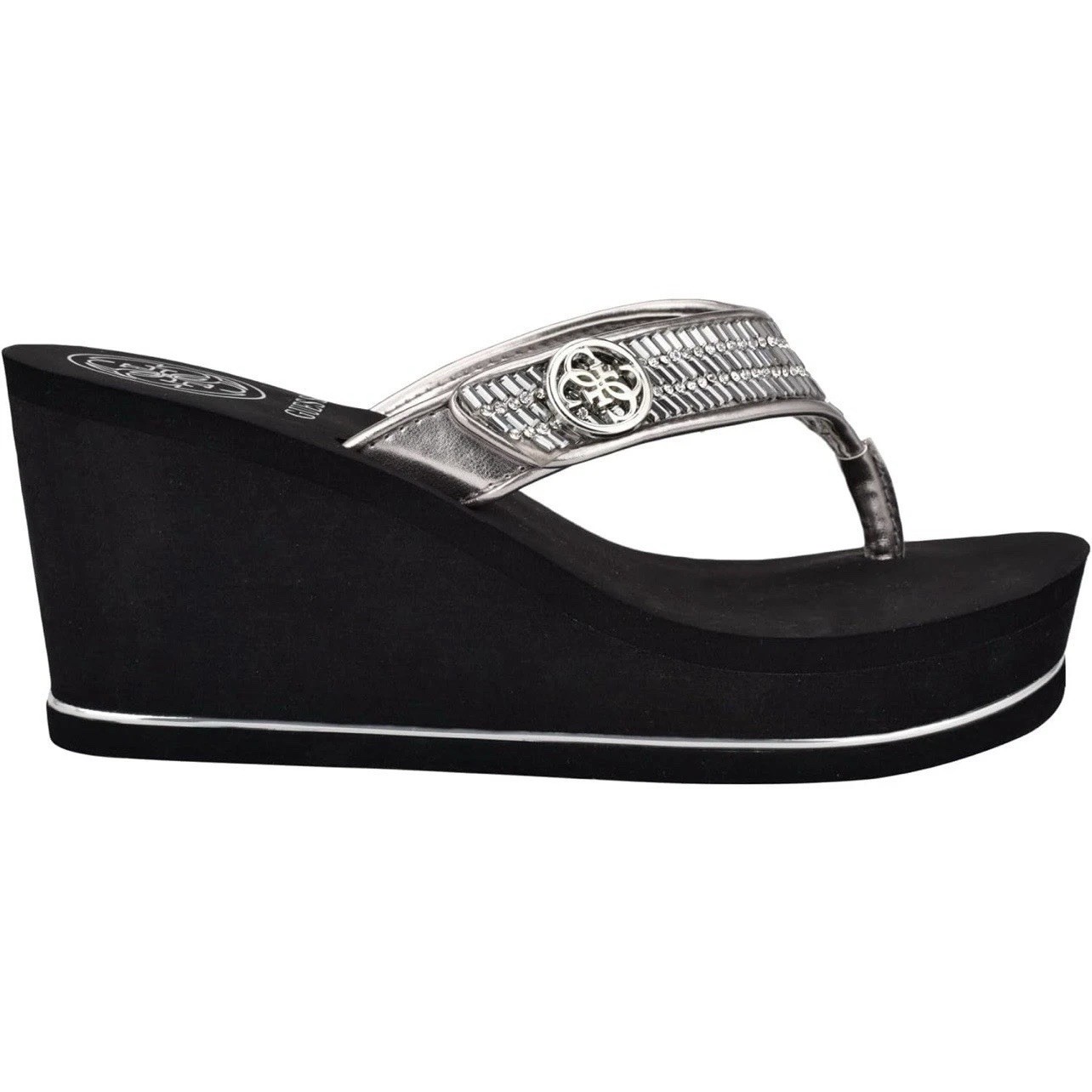 GUESS Women’s Gwsarraly ~ 3″ EVA wedge heel ~ Black/Silver ~ Size 9