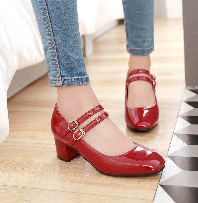Womens Mid Block Heel Mary Janes Patent Leather Buckle Square toe Shoes Pumps