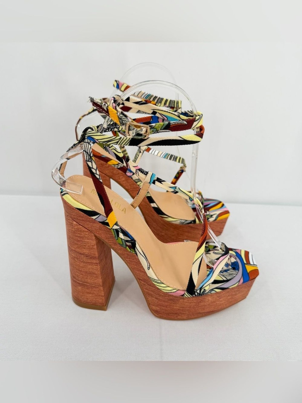 Resort Platform faux wood Block Heel Sandals Multicolor Vacation Heels 6.5