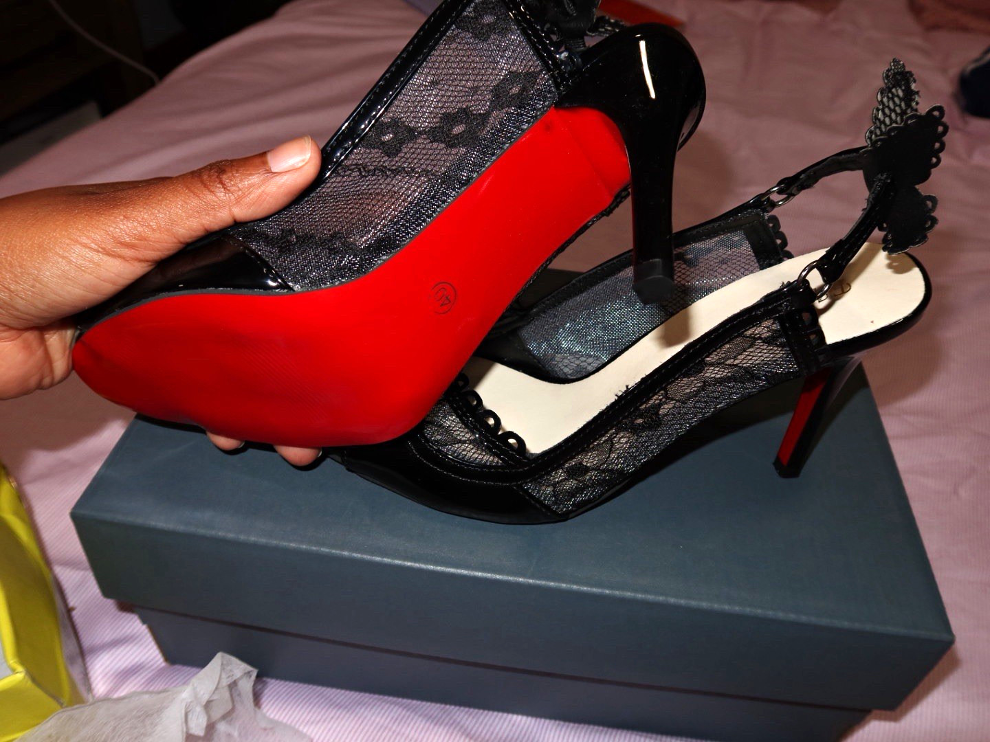 FASHION Women’s Black/Red Floral Lace Open Toe Slingback Stiletto Heels 8.5
