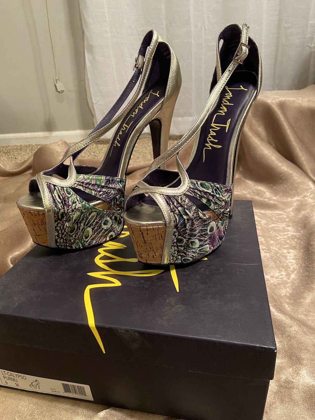 NIB London Trash Platform Silver Peacock heels Calypso Gorgeous!!!