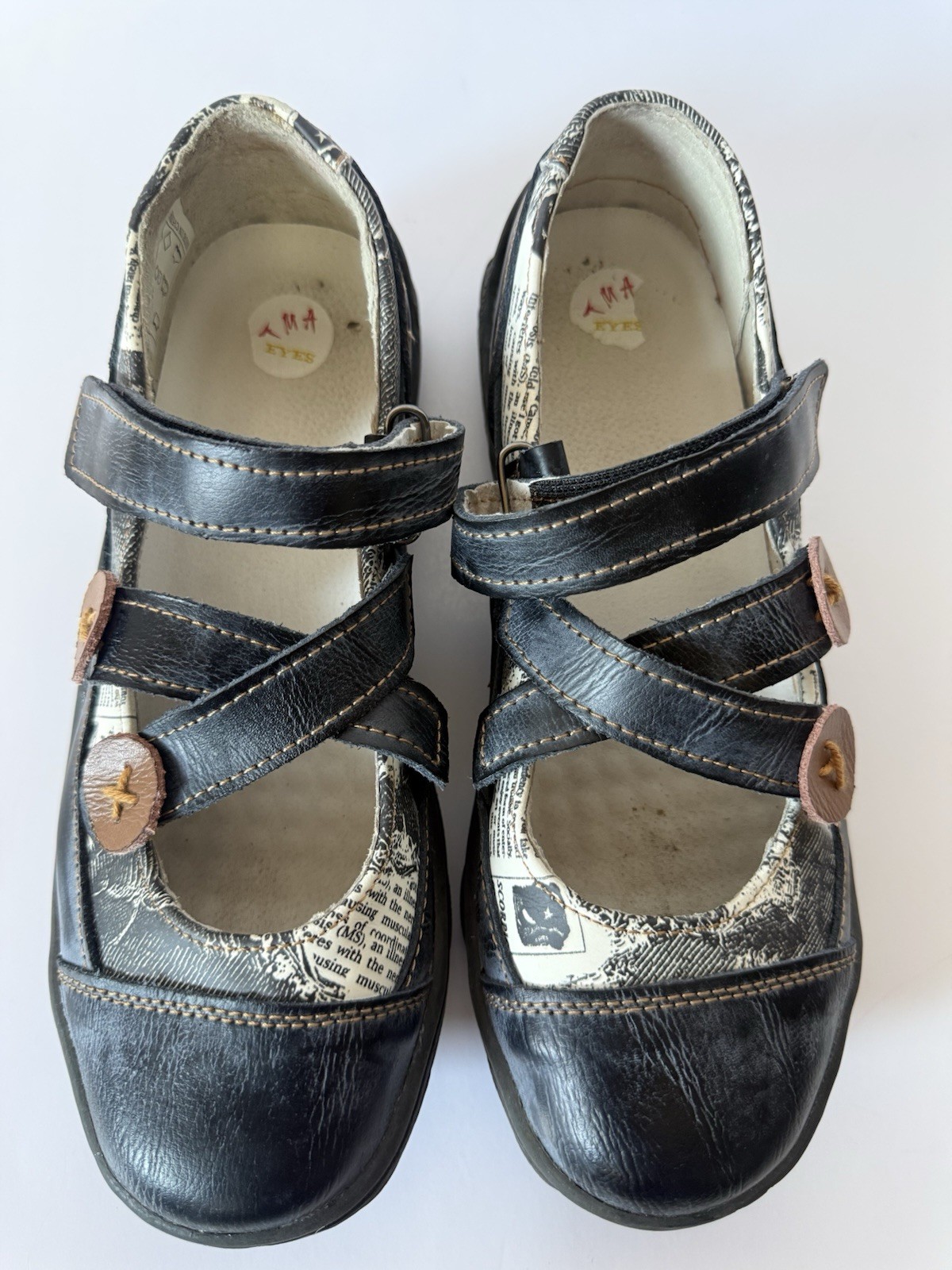 TMA Eyes Blue Black Leather Newspaper Mary Jane Shoes Women’s 7.5 Germany