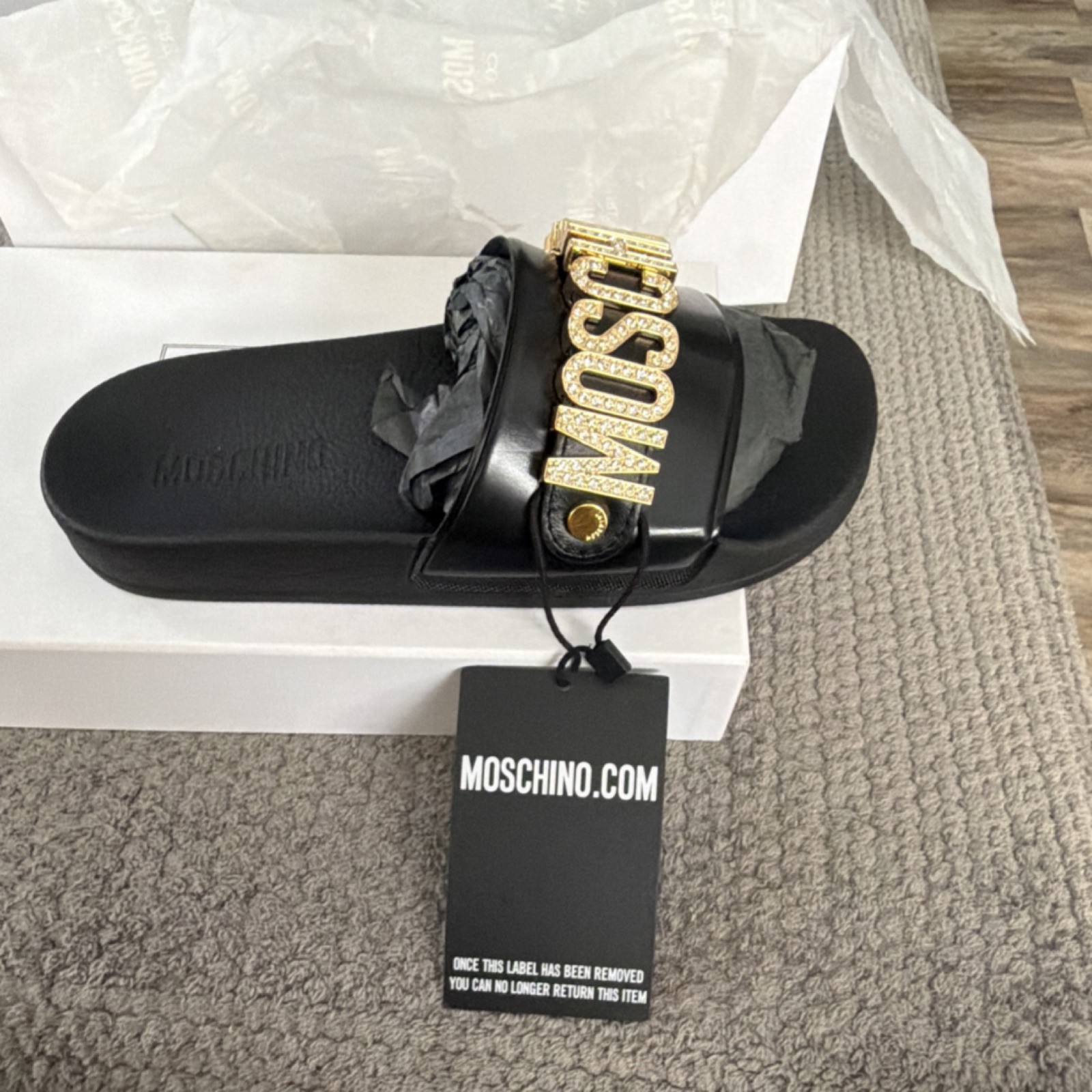 Moschino Gold Logo Black Slide Sandals PVC Beaded Women’s Size 38/7