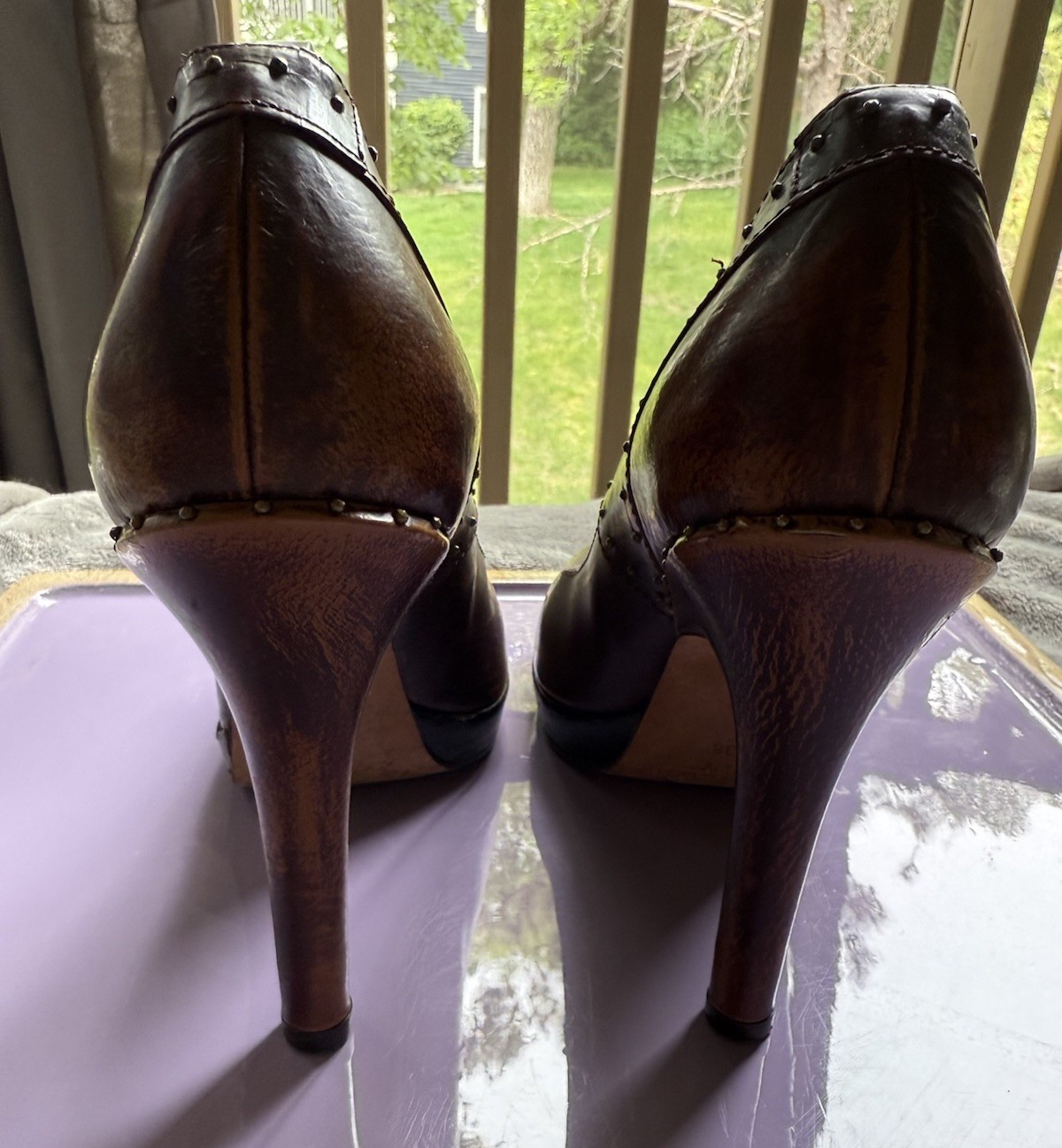 Derek Lam Studded Tan Brown Leather High Heels Western 38 US 7.5 Boho 4 Inch