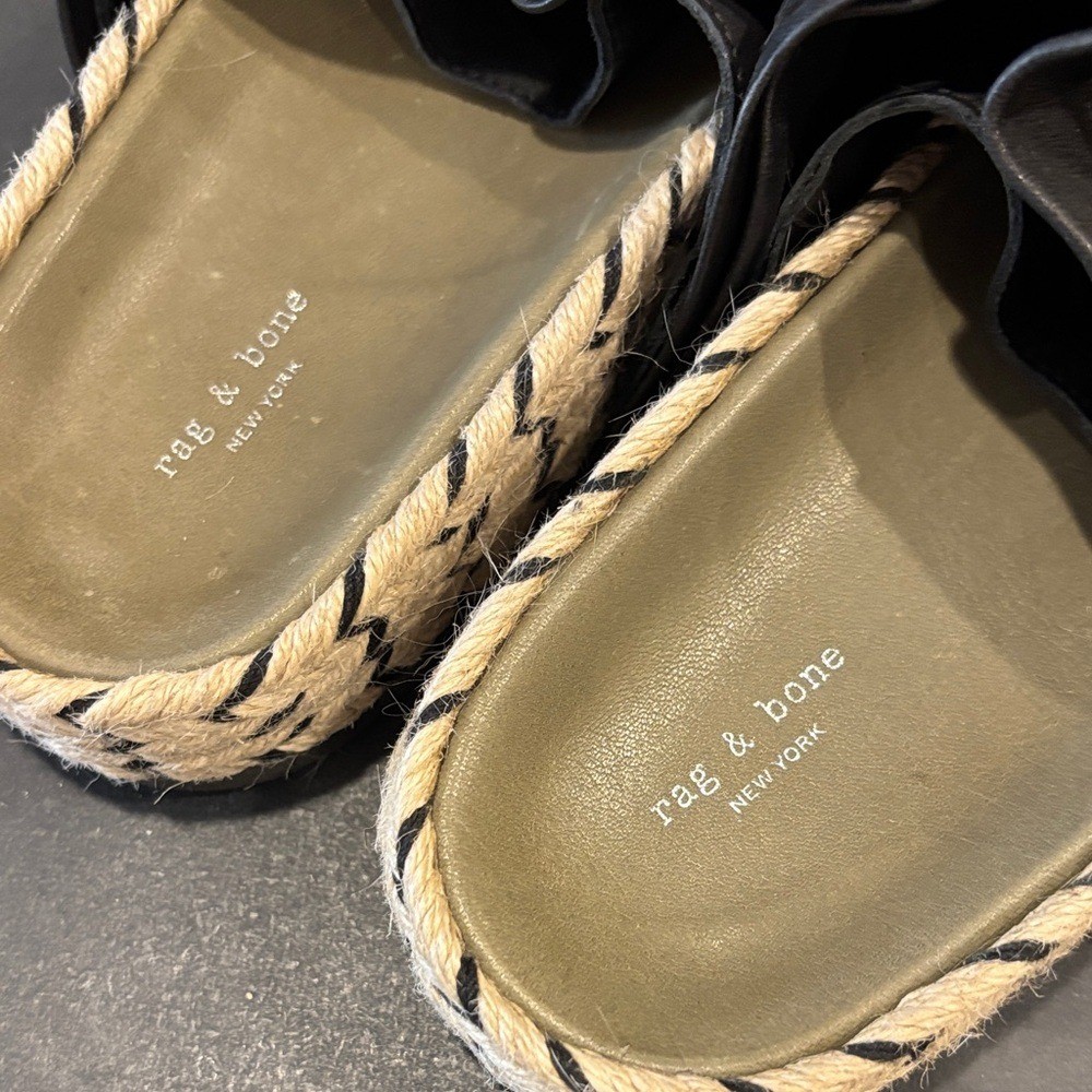 Rag & Bone Eva Espadrille Black Leather Slides Sandals 35 Tassel 5.5 Lamb Soft