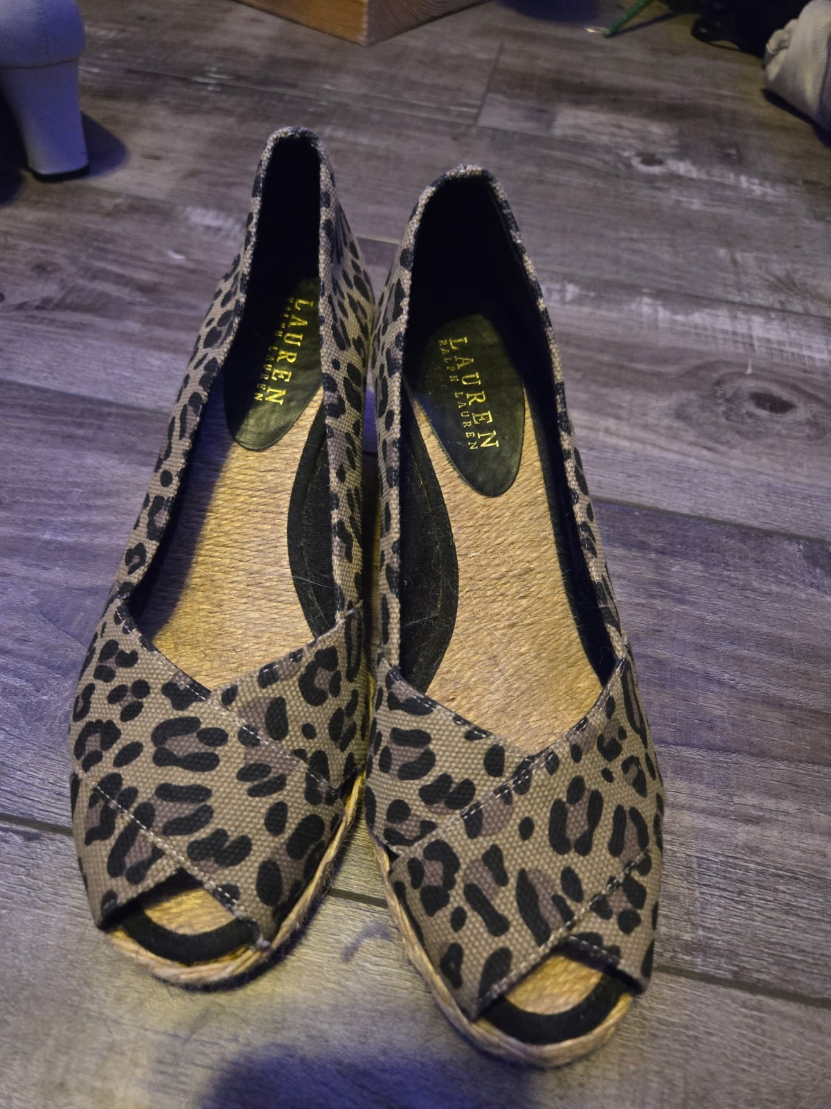 Lauren Ralph Lauren Cecilia Leopard Peeptoe Wedge Espadrille Shoes Size 8.5
