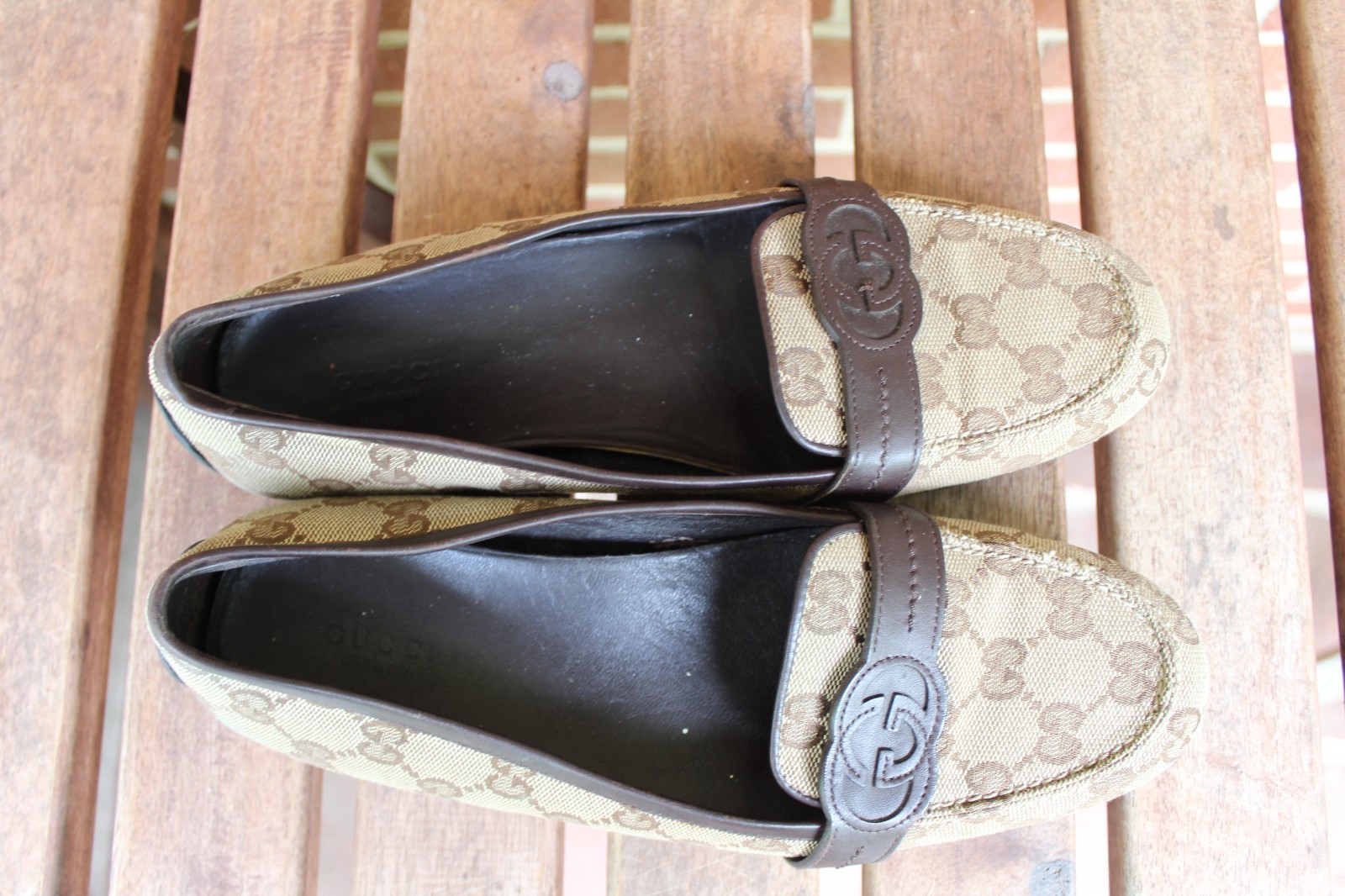Gucci GG Canvas Loafers Flats Brown Leather Monogram Shoes Womens US 8 / G 38