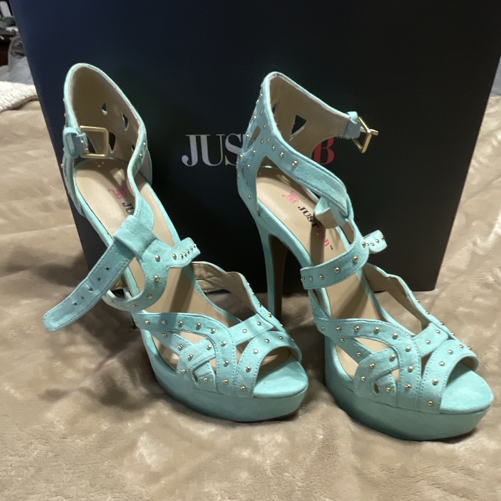 JustFab Mint (teal) Studded Ankle Strap Open Toe Platform Stiletto Heels 7