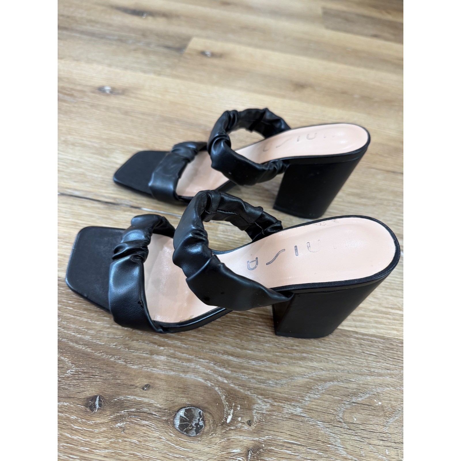 Unisa Block Heel Sandals Women 7M Black Ruched Double Strap Square Toe Mules