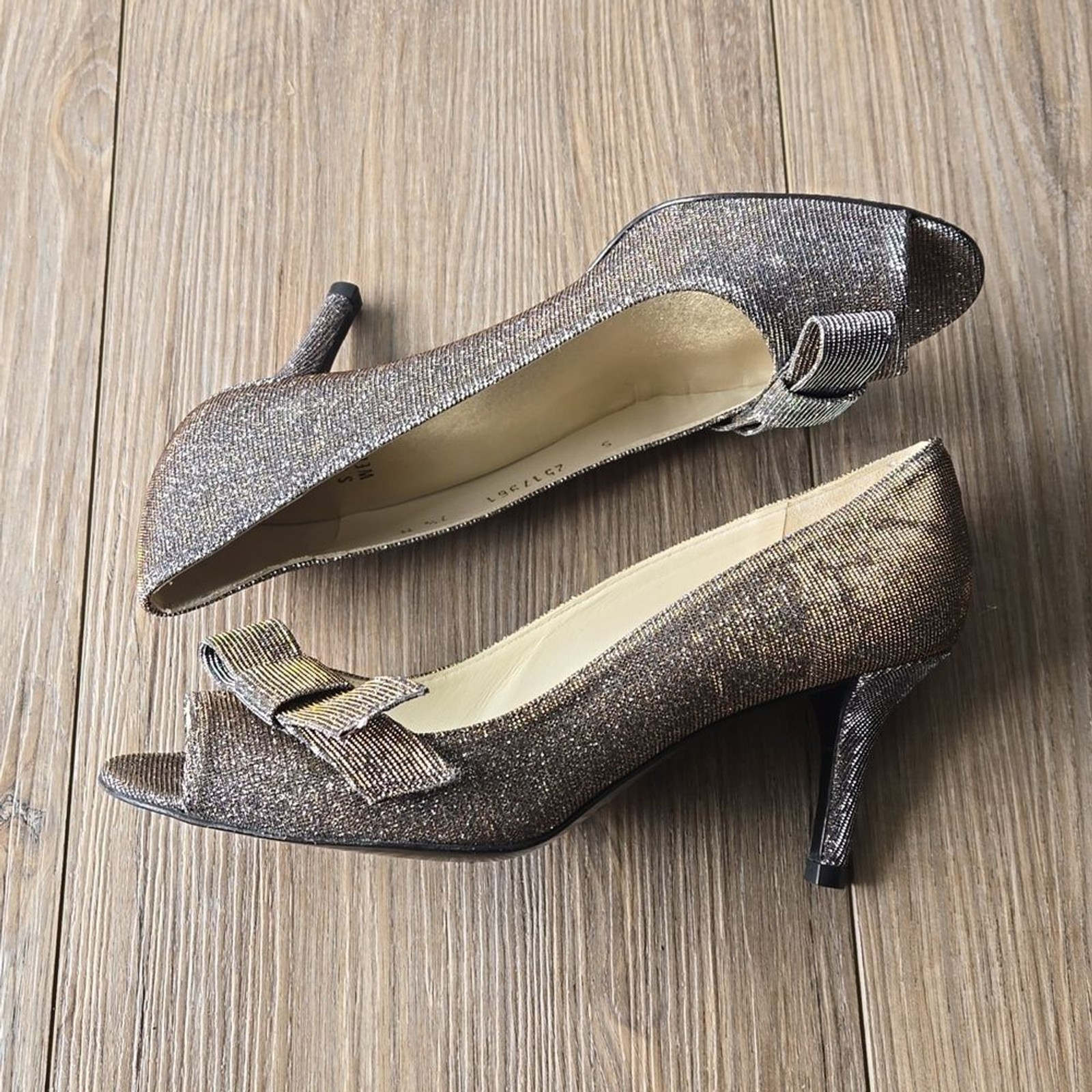 Stuart Weitzman Pyritr Bowover Two-Tone Silver and Gold Heels