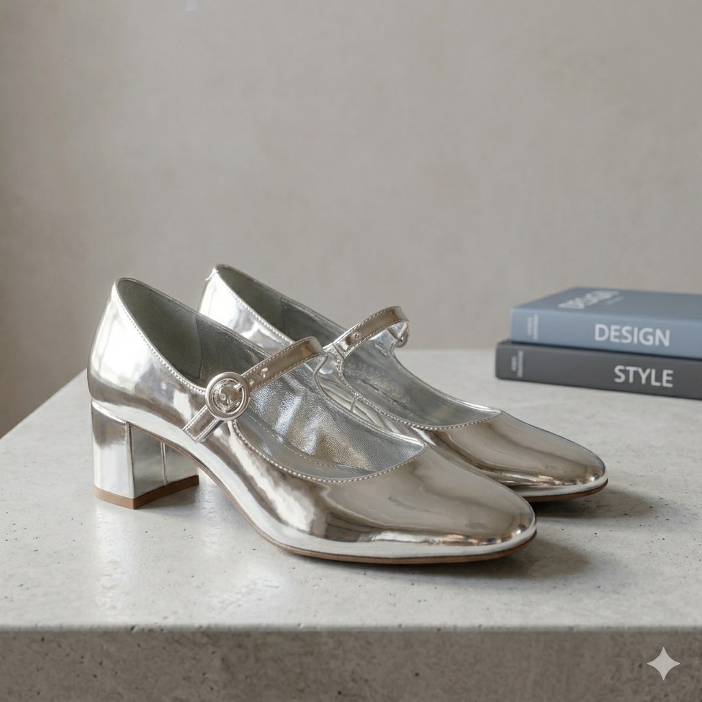 ​Larroude Blair Mary Jane Silver Specchio Leather Block Heel Pump Shoes Womens 9