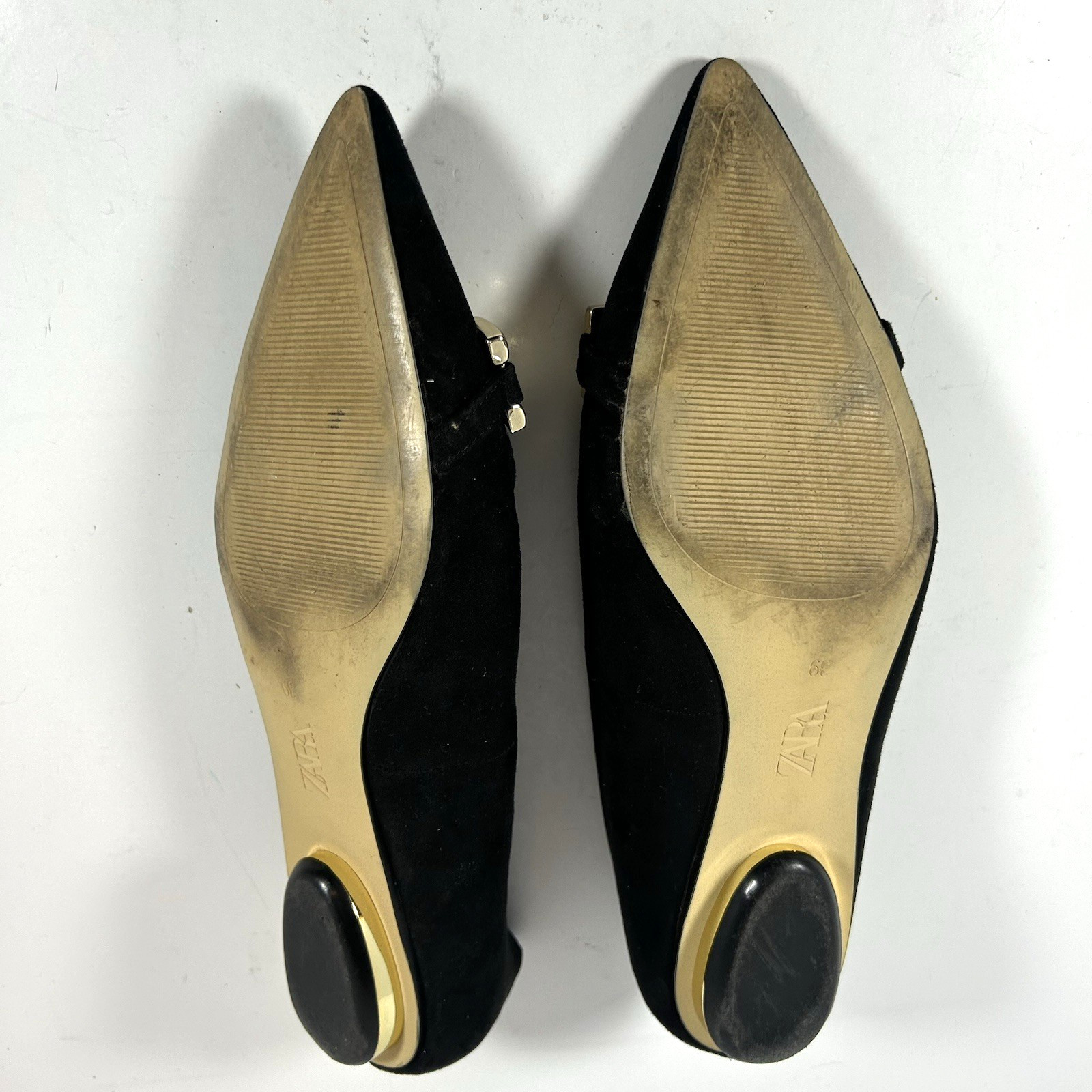 ZARA Black Suede Pointed Toe Flats with Gold LInk Chain & Gold Rimmed Heel