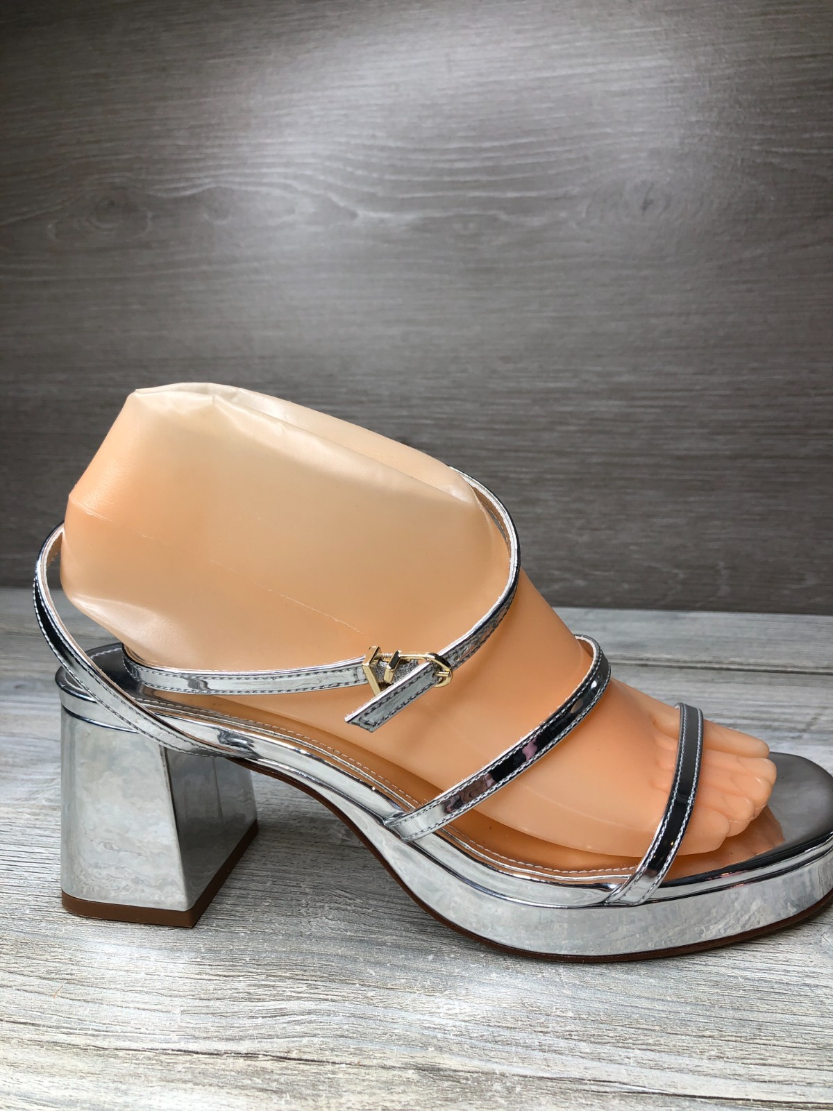 Larroude Gio Sandal Metallic Silver Specchio Block Heel Chunky Strappy Size 7