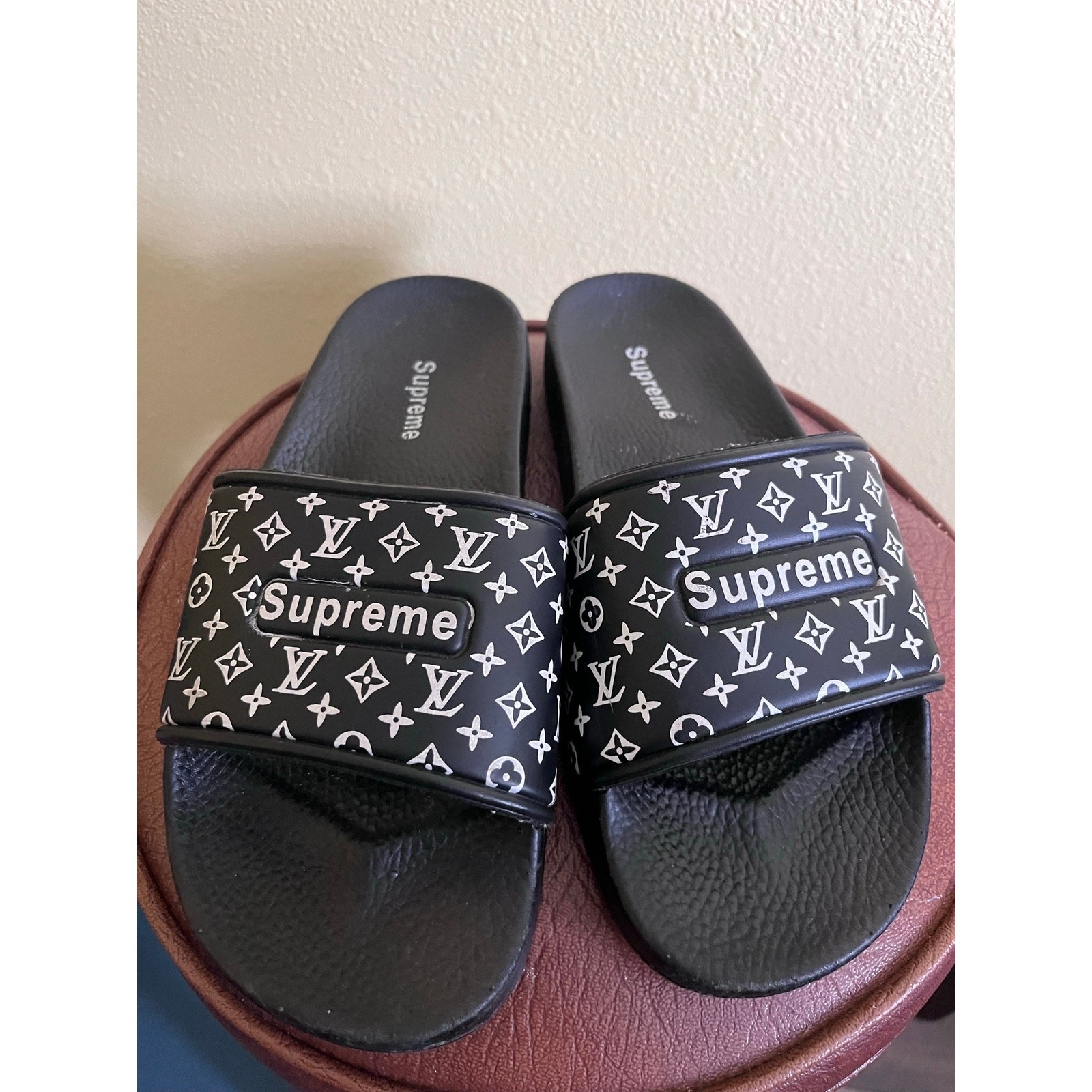 Louis Vuitton x Supreme Black Monogram Slides Sandals, Size 8/40
