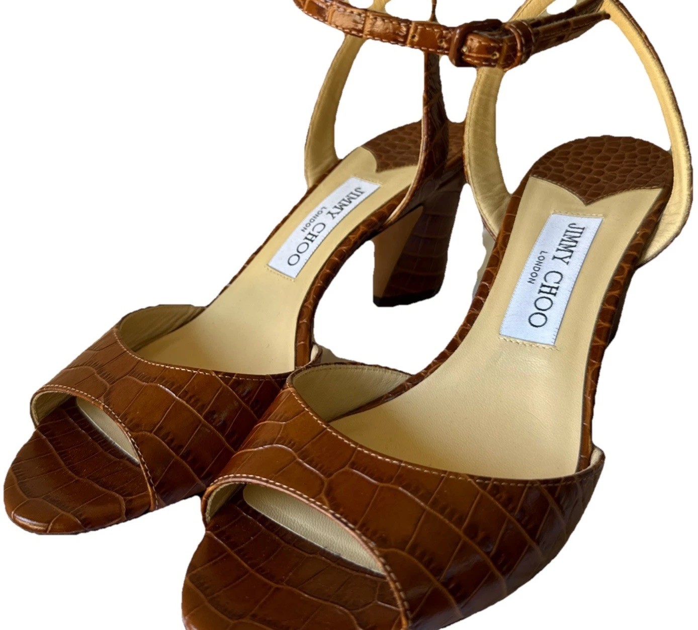 Jimmy Choo Miranda Sandals Size 8 Leather Crocodile Embossed 2.5 In New Brown