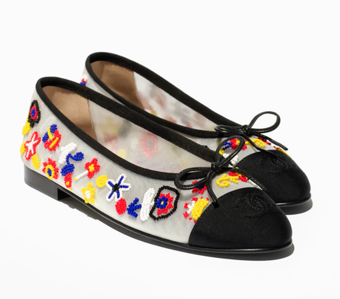 Chanel 26M Coco Beach Mesh Beaded Pearls Black CC Logo Ballet Ballerina Flat 37