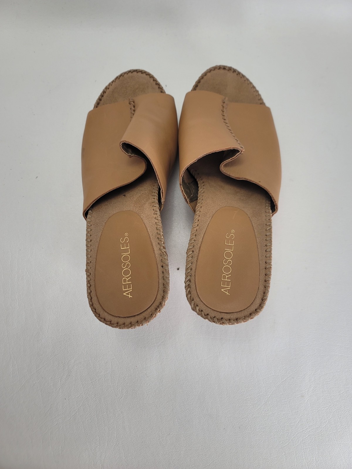 AEROSOLES Birthstone Leather Wedge Sandals Brown Size 9.5 Comfort Summer Slip On