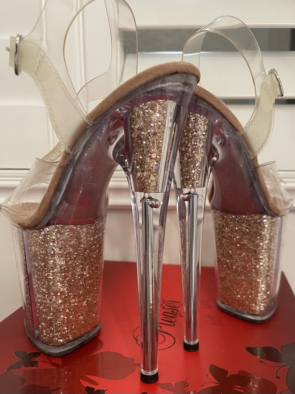 Pleaser Clear/Rose Gold Glitter Platform Ankle Strap Buckle Stiletto Heel 5