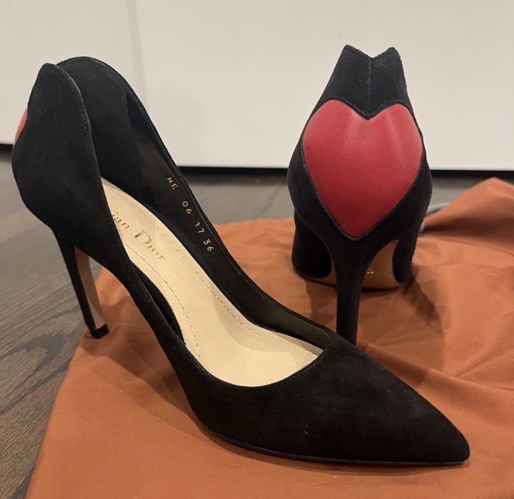 Christian Dior Women’s Black Suede Pointed Toe Stiletto Pumps Red Heart