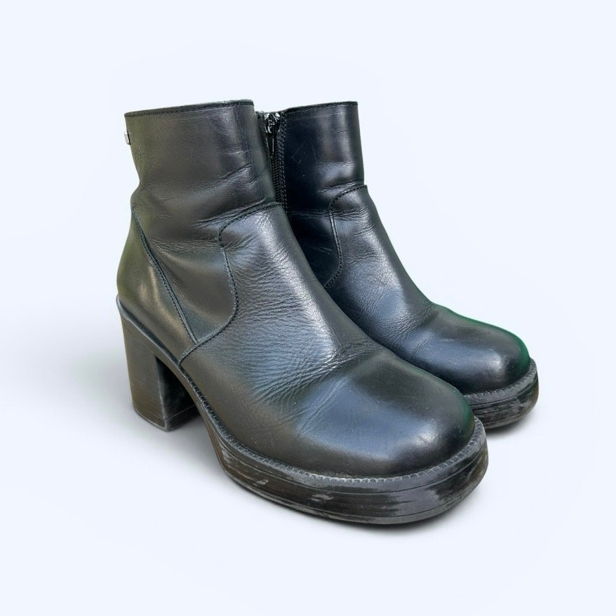Vintage Y2K Chunky Block Heel Platform Ankle Boots Black Leather M&C Womens 40