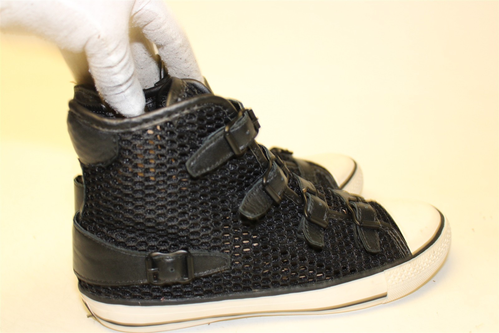 ASH Vanessa High Top Sneaker Women Size 7 38 Black Mesh Buckled Fashion Shoes