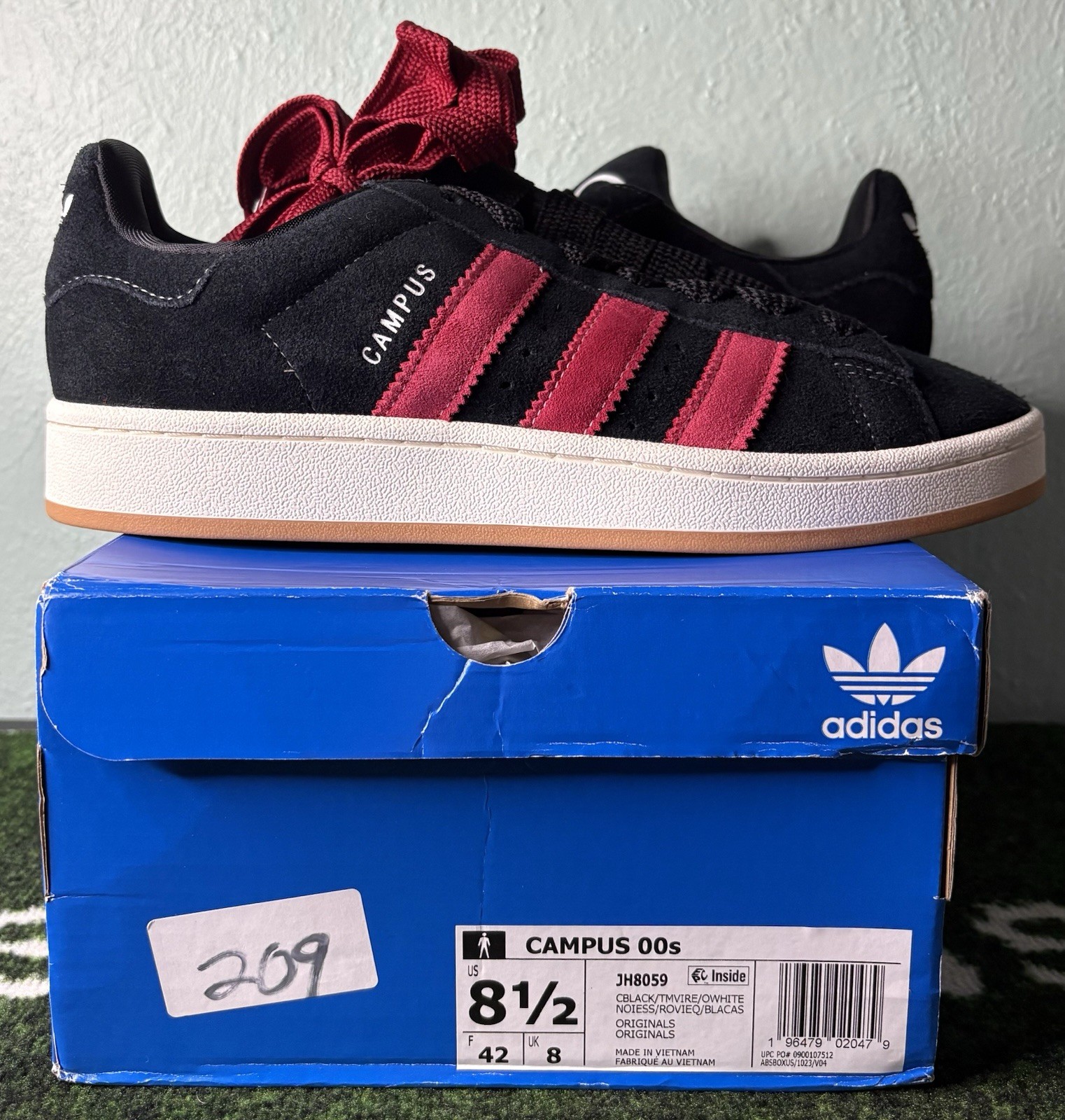 US Men’s 8.5/Women’s 9.5 – Adidas Campus 00s “Black White Gum” JH8059, NIB