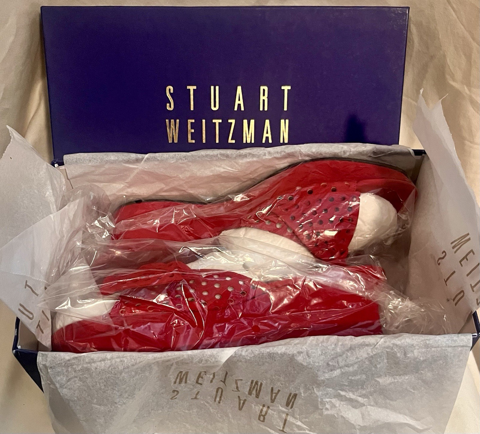 Stuart Weitzman Red Suede Perforated Bow Wedge Platform Slides ONS 9N