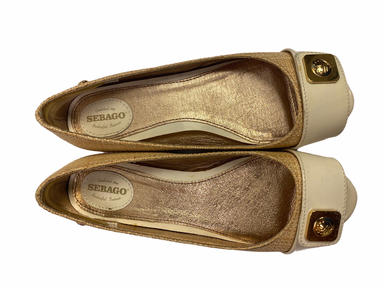 Sebago open toe flats gold detail woven straw look size US 6.5
