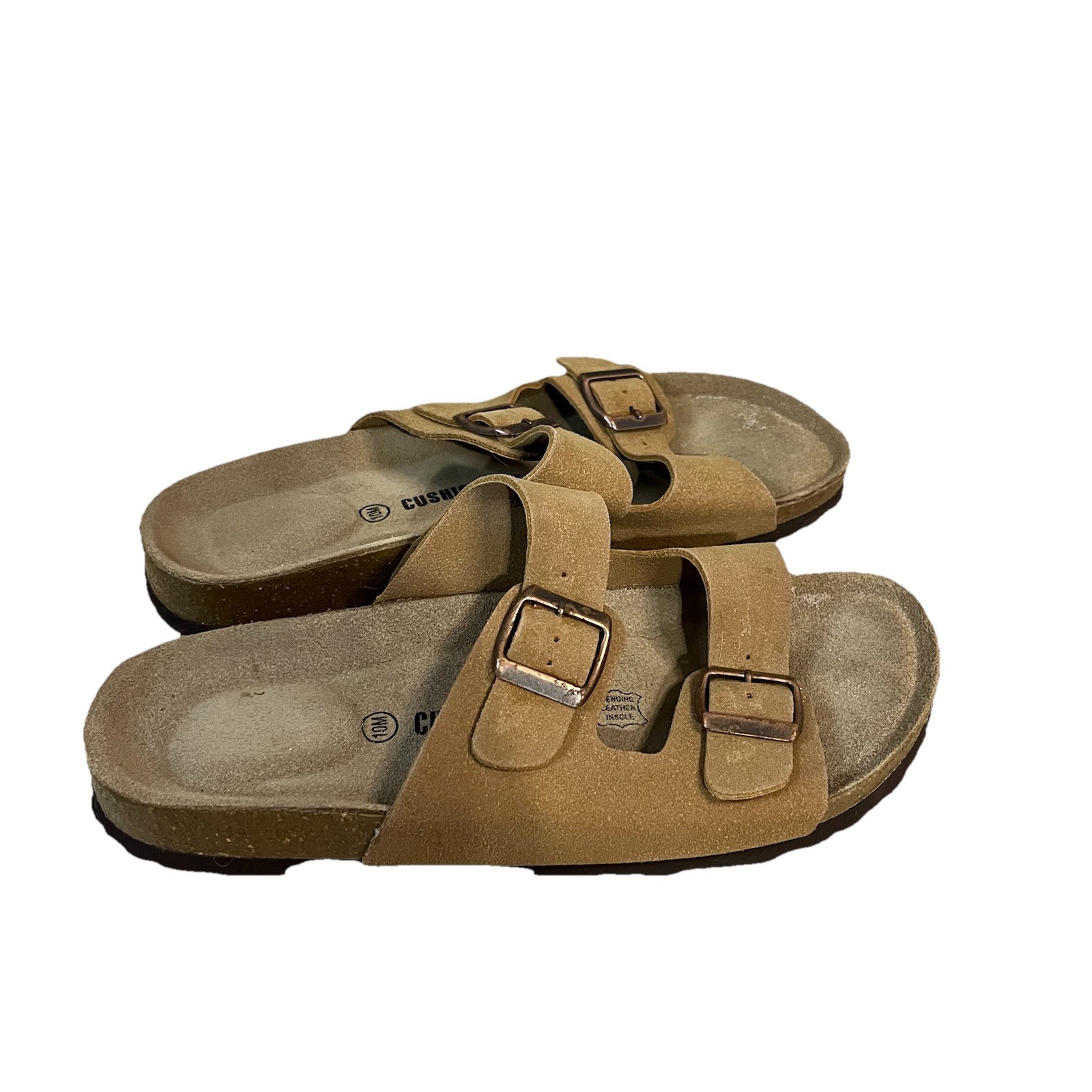 Cushionaire Women’s Slide Sandals Double Strap Comfort leather Beige Size 10M