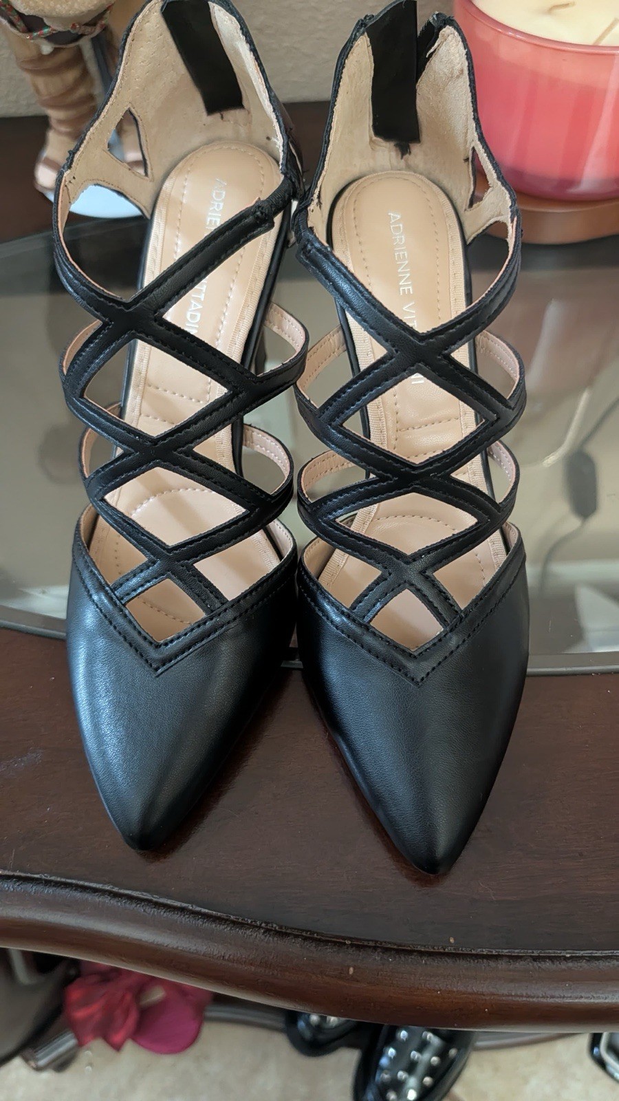 Adrienne Vittadini Women’s Black Strappy Pointed Toe Block Heel Zip, 8